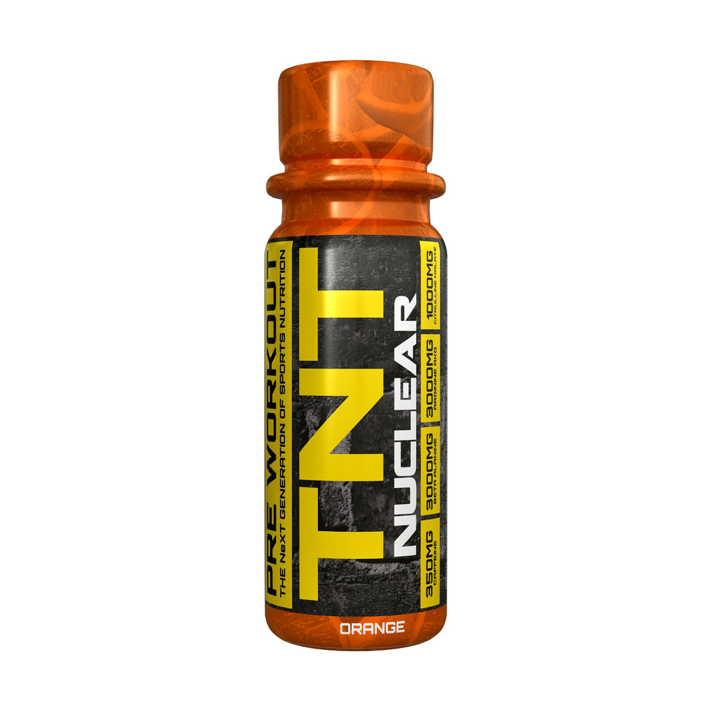 Orange TNT Nuclear Shot bottle, 60 ml—energy drink with yellow label