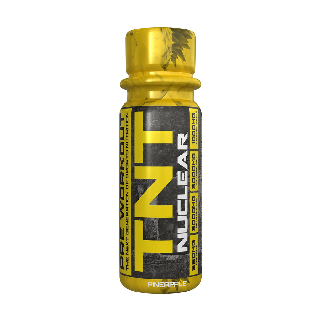 TNT Nuclear Shots Pineapple flavour bottle with yellow label and Nuclear text