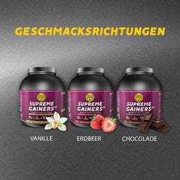 Supreme Gainers Sorten: drei kleine Dosen mit Geschmacksrichtungen Vanille, Erdbeer und Schokolade
