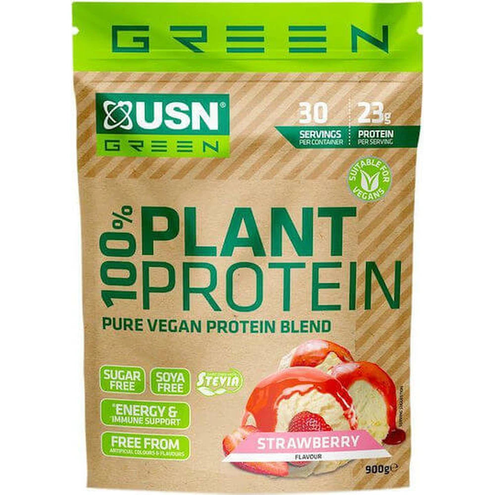 USN Plant Protein Strawberry 900g Beutel, veganer Proteinmix, zuckerfrei