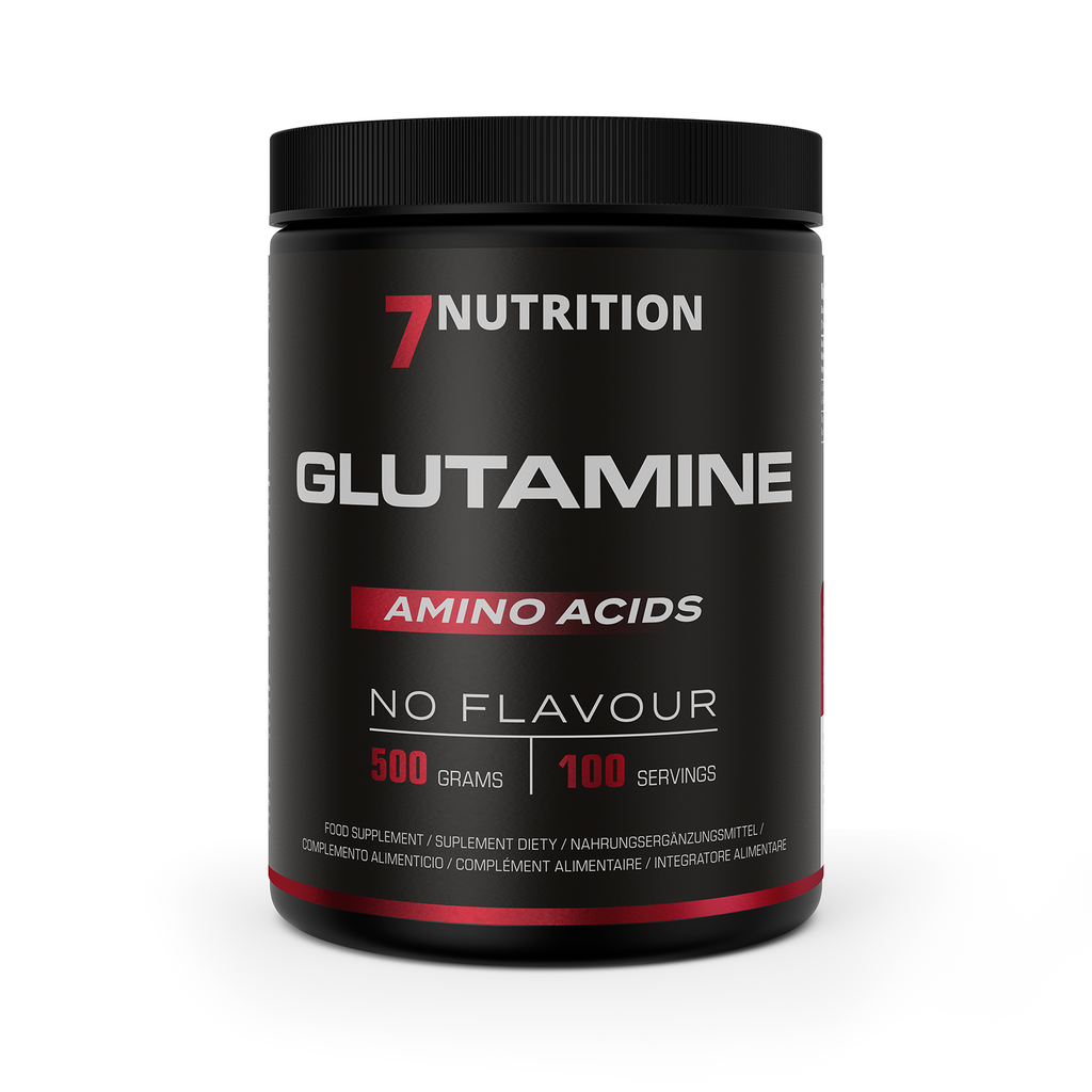 Glutamine 500g supplement jar, no flavour, amino acids label