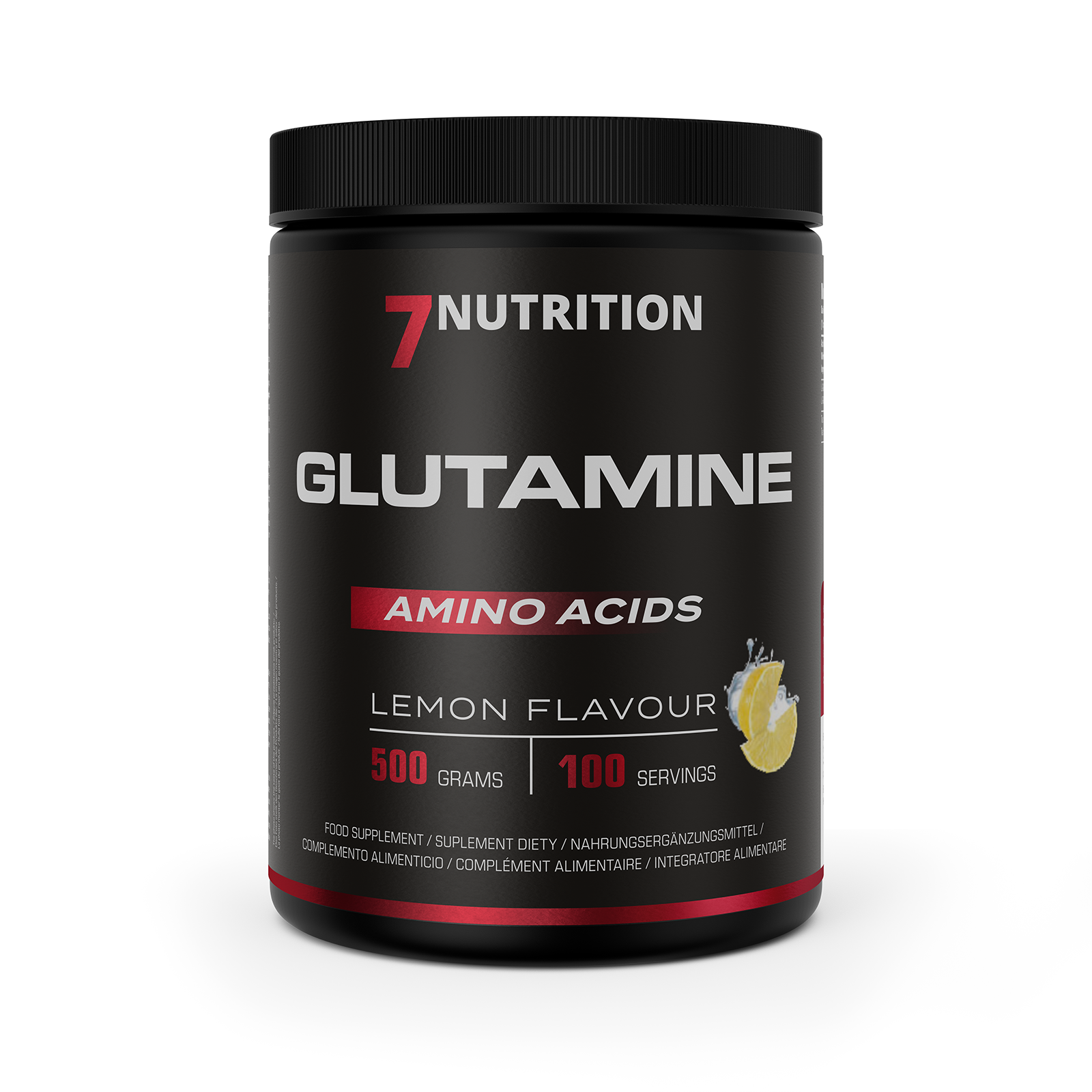 Glutamine 500g Lemon jar with black label and 'AMINO ACIDS' text