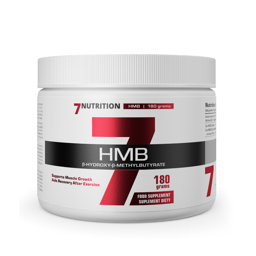 HMB supplement tub 180 g: white label with black band and red HMB graphics