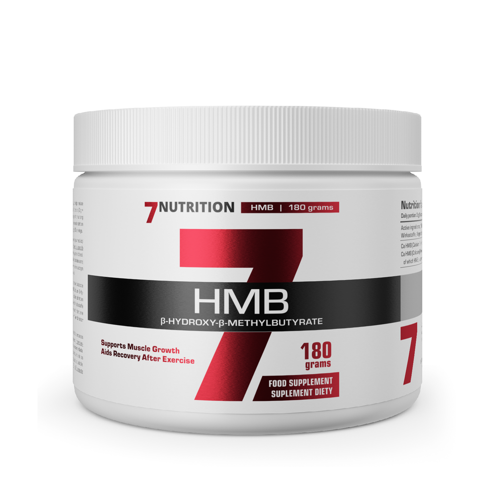 HMB tub 180 g with screw-top lid; white container and red/black HMB label