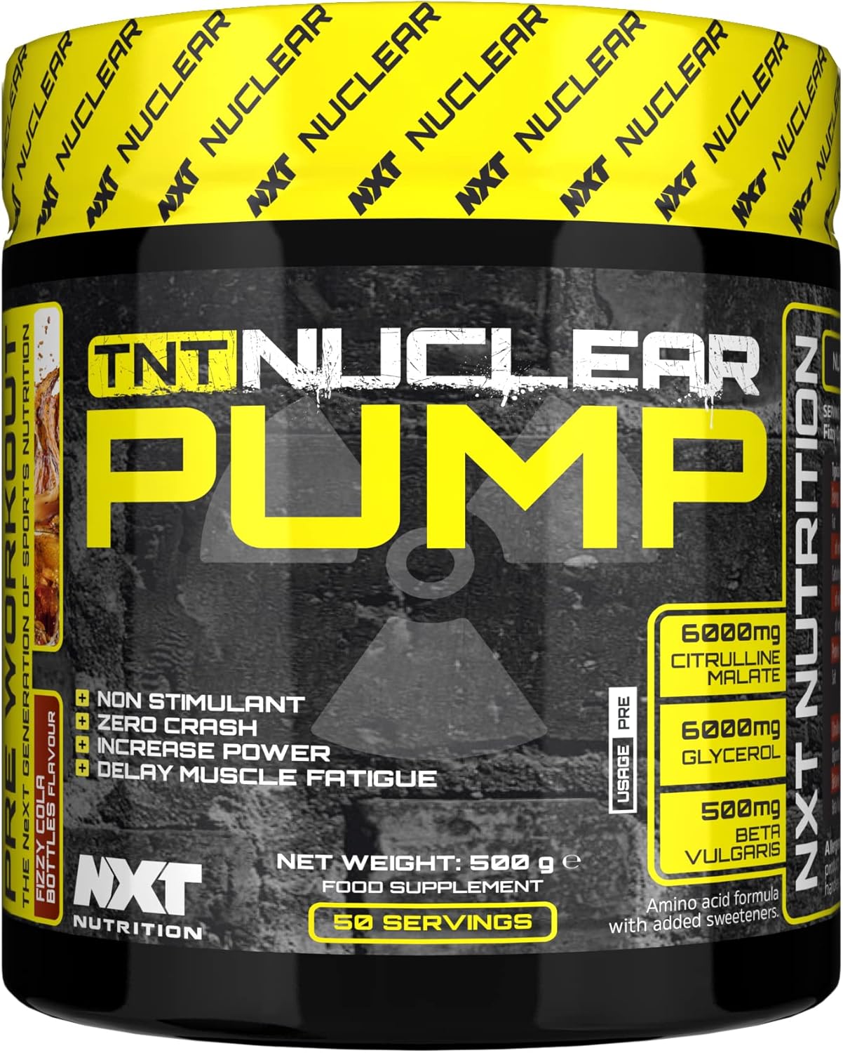 TNT Nuclear Pump 500g fizzy cola pre-workout tub, black and yellow label