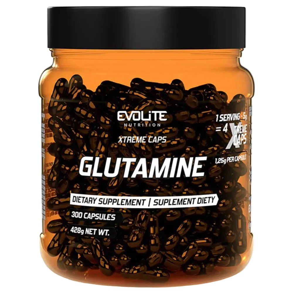 Evolite Glutamin-Kapseln Dose mit schwarzem Deckel und orangem Etikett, Kapseloptik