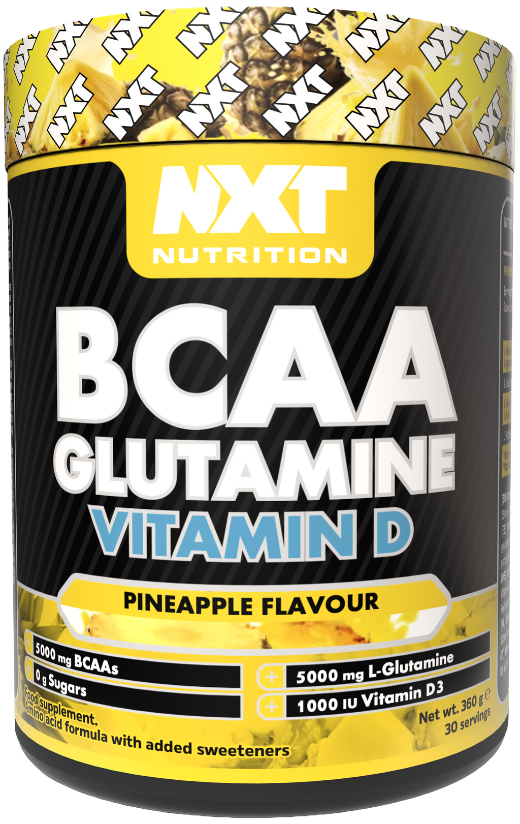 BCAA Glutamine & Vitamin D 360g tub – pineapple flavour label