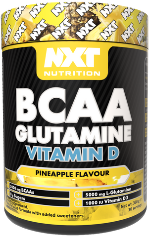 Front label: BCAA Glutamine, Vitamin D – pineapple flavour on 360g tub