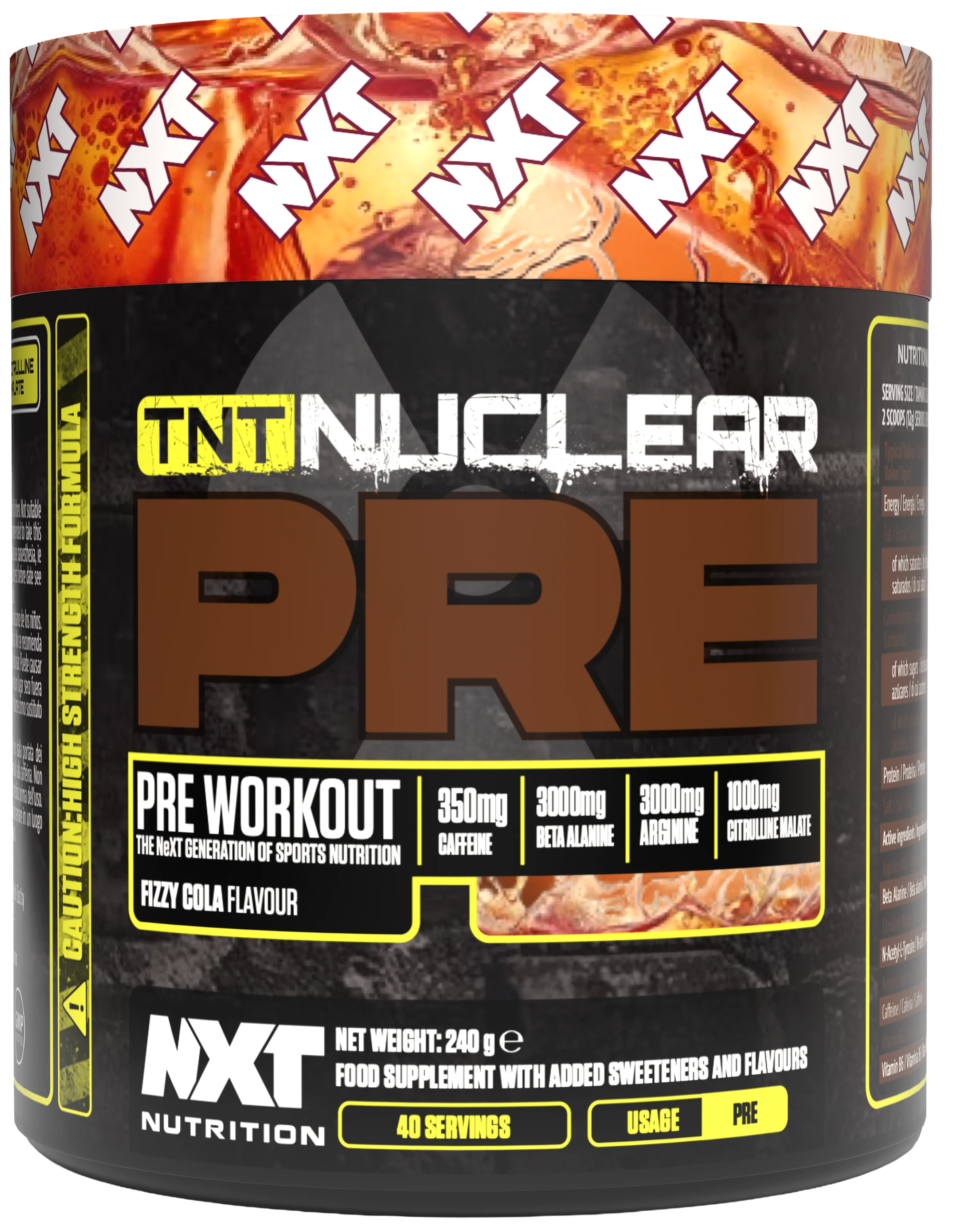 NXT Nutrition TNT Nuclear PRE 240g Fizzy Cola pre-workout tub, 40 servings