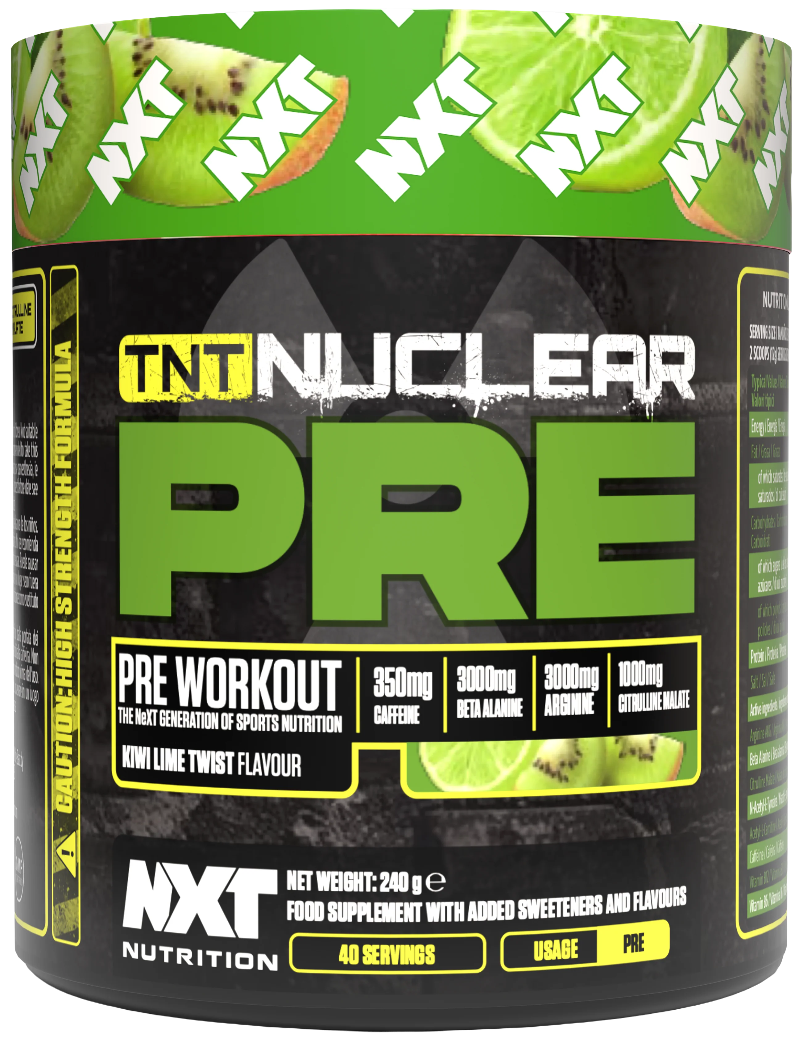 TNT Nuclear PRE 240g tub, Kiwi Lime Twist pre-workout label.
