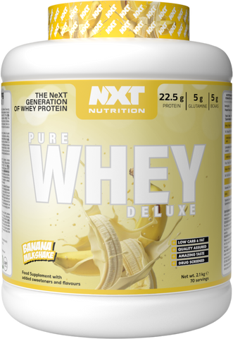NXT Pure Whey Deluxe banana milkshake protein tub, 2.1 kg