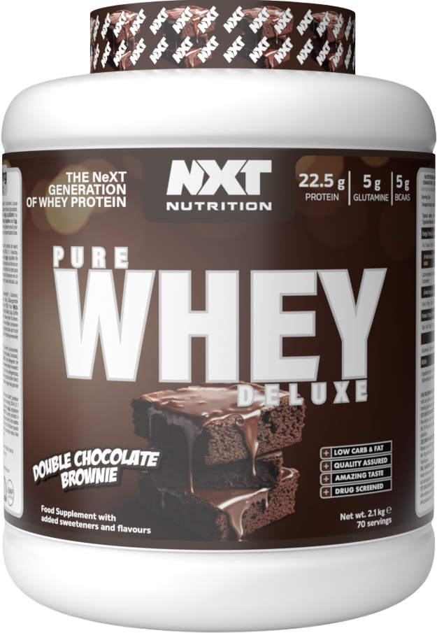 NXT Nutrition Pure Whey Deluxe 2.1kg tub, Double Chocolate Brownie flavor label