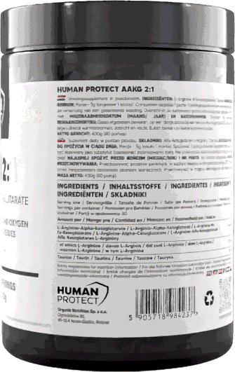 AAKG 2:1 unflavoured supplement jar, back label with ingredients and barcode