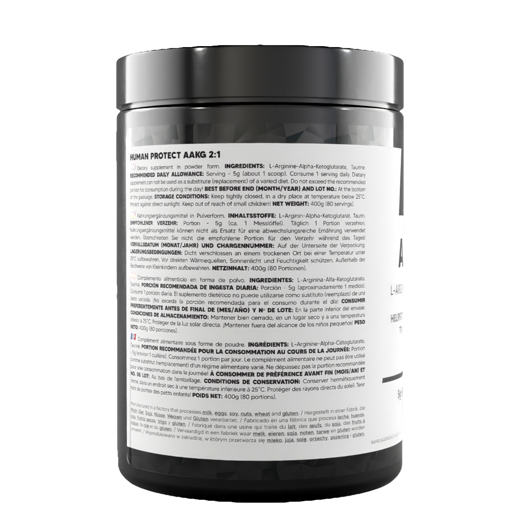 AAKG 2:1 supplement tub, back label with serving directions and ingredients
