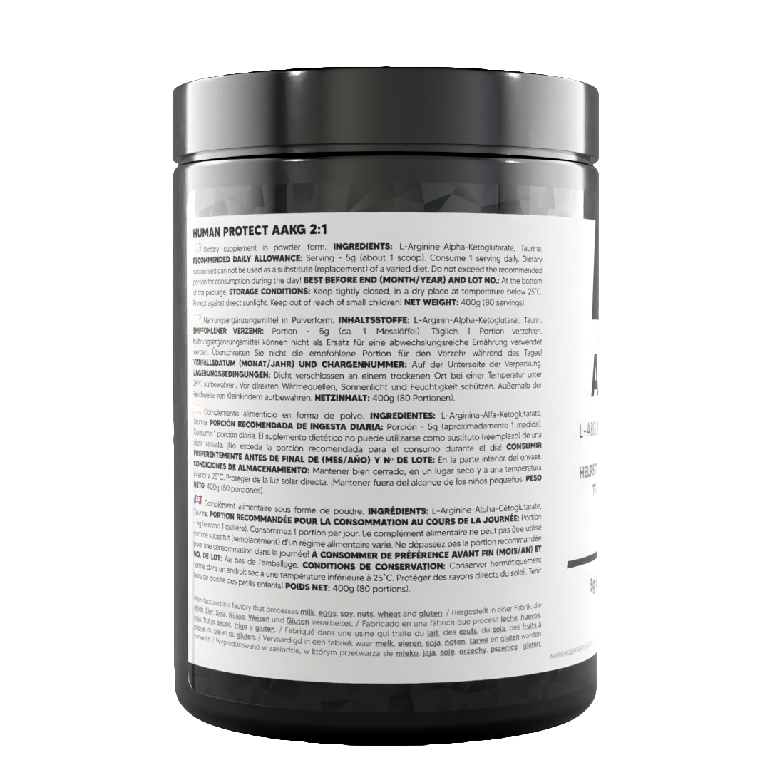 AAKG 2:1 supplement tub, back label with serving directions and ingredients