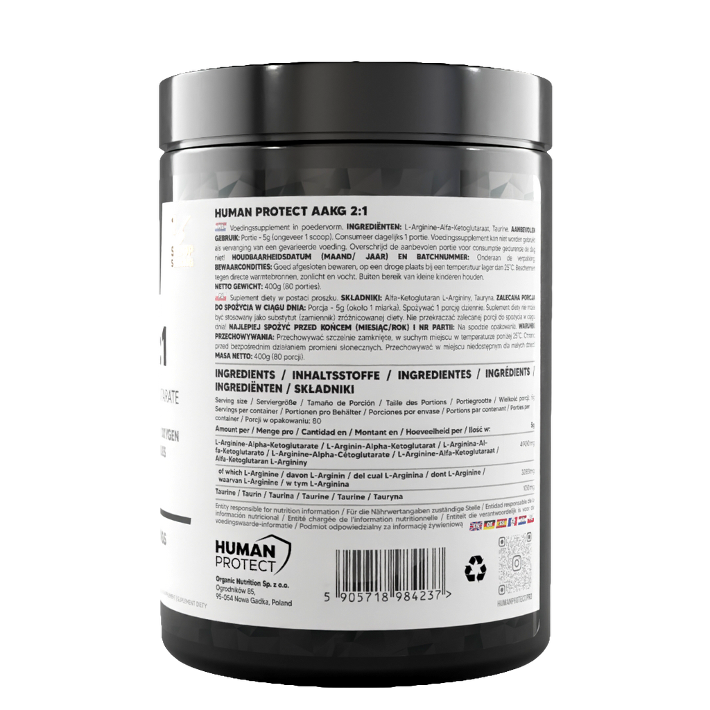 AAKG 2:1 supplement tub, back panel with barcode and ingredient list