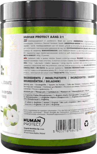 AAKG 2:1 400g jar back label with ingredients and serving info, green apple flavor