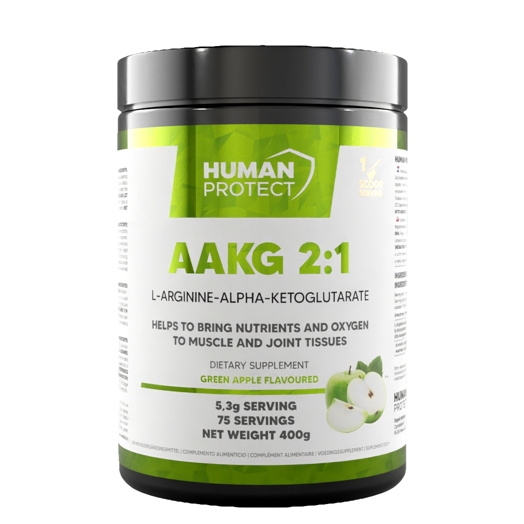 AAKG 2:1 400g supplement jar front label, green apple flavour