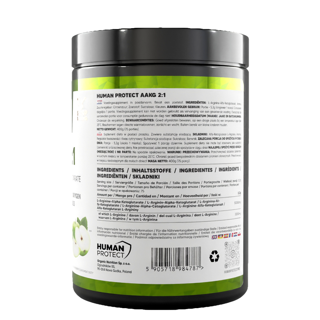 AAKG 2:1 400g jar side label with barcode and net weight 400g, green apple