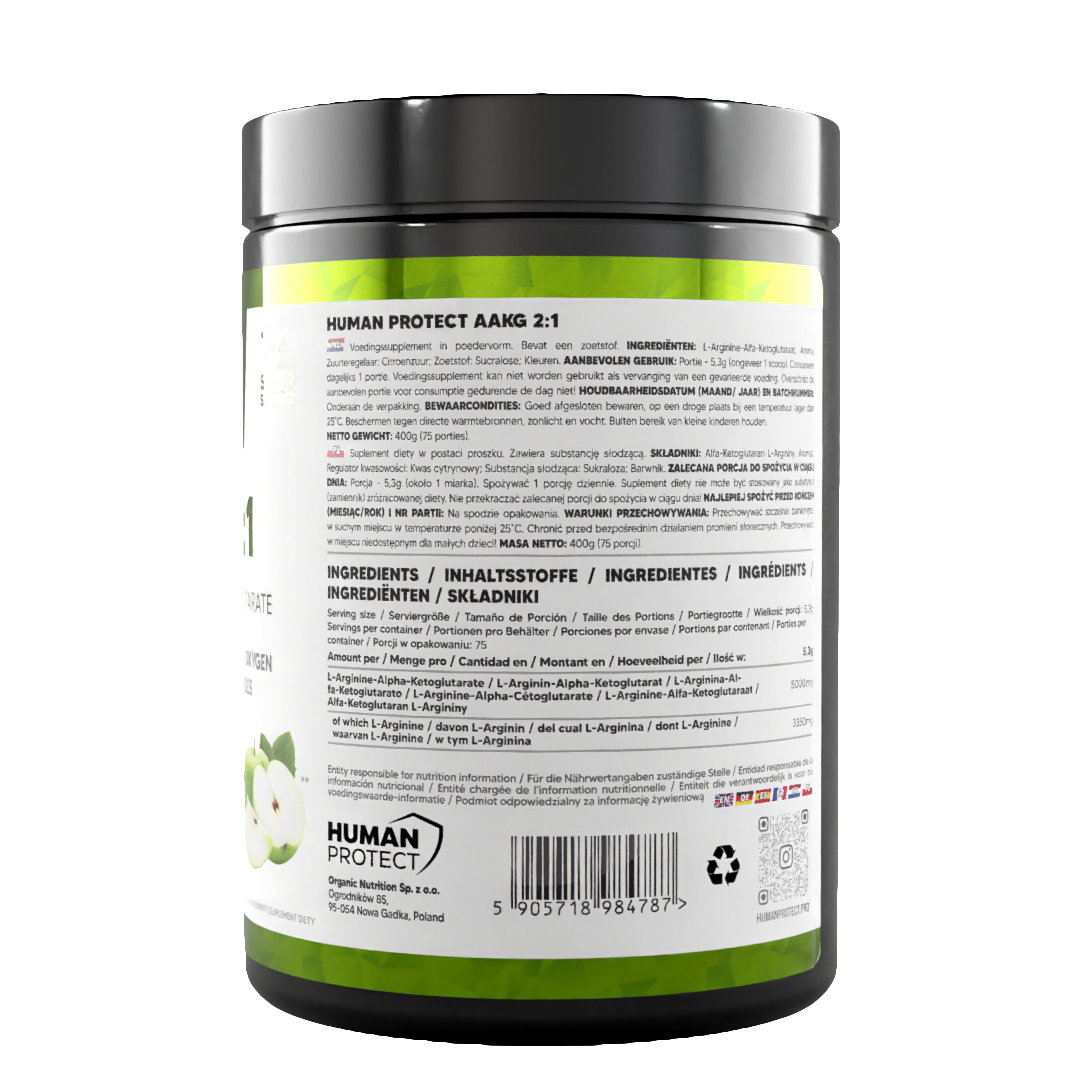 AAKG 2:1 400g jar side label with barcode and net weight 400g, green apple