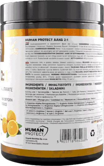 AAKG 2:1 supplement jar with orange band; back label and ingredients text