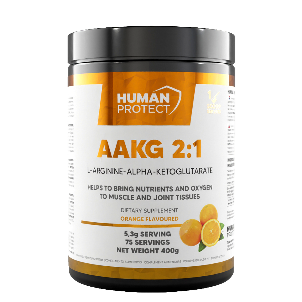 AAKG 2:1 jar front label, orange flavor, L-arginine alpha-ketoglutarate