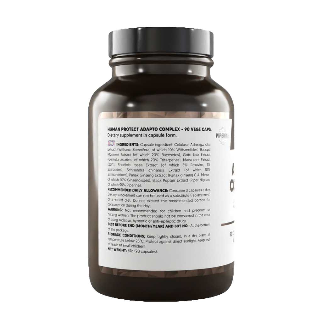 Adapto Complex 90 Veggie-Caps Flasche, Rückseitenetikett mit Zutaten
