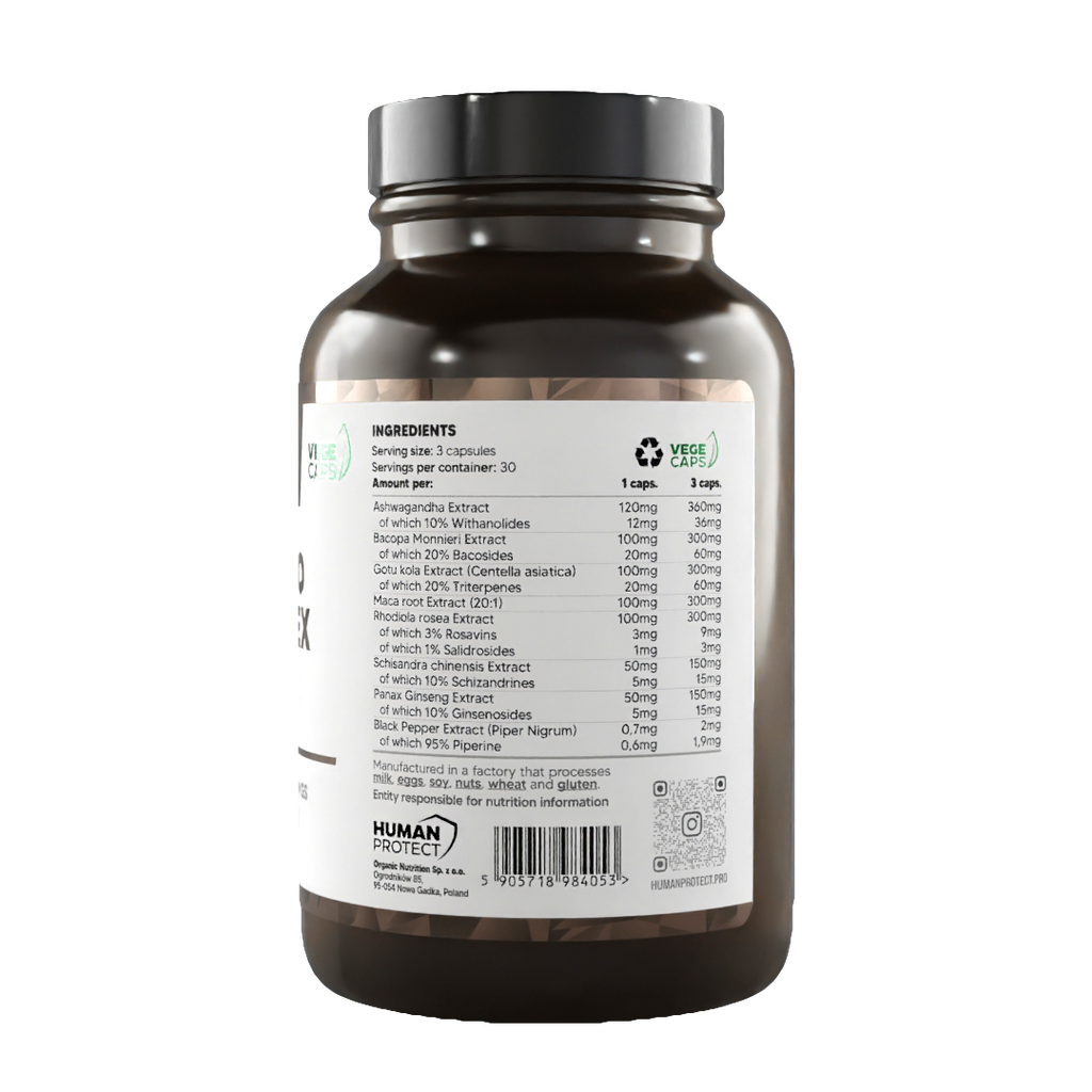 Adapto Complex 90 Kapseln Flasche, Rückseite mit Zutatenliste und Barcode
