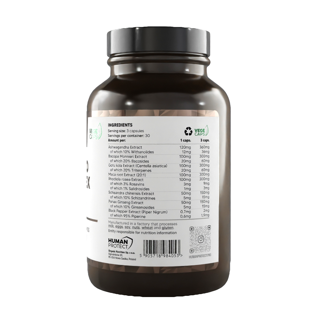Adapto Complex 90 Kapseln Flasche, Rückseite mit Zutatenliste und Barcode