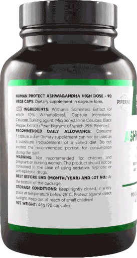 Human Protect Ashwagandha High Dose: Rücketikett mit Zutatenliste und 90 Kapseln
