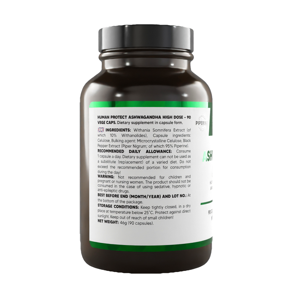 Ashwagandha High Dose Rückansicht mit Best-By/Herstellerhinweisen