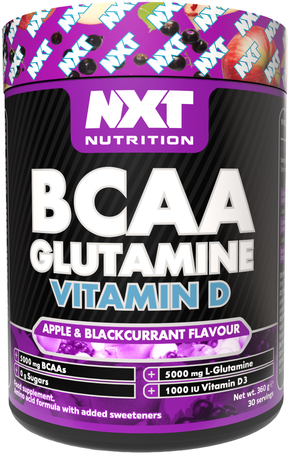 BCAA Glutamine Vitamin D supplement tub, NXT logo and Apple & Blackcurrant
