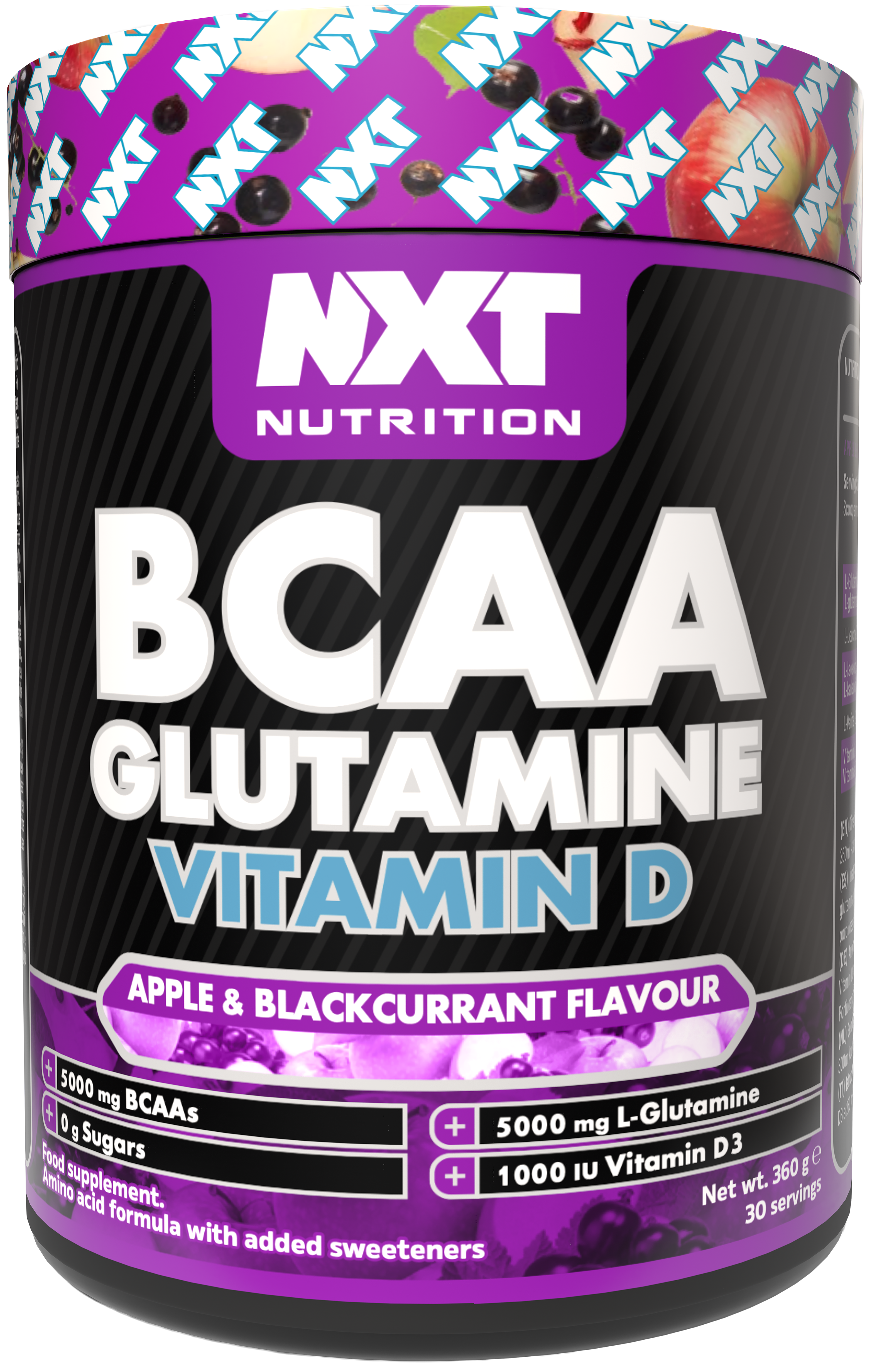 BCAA Glutamine Vitamin D supplement tub, NXT logo and Apple & Blackcurrant