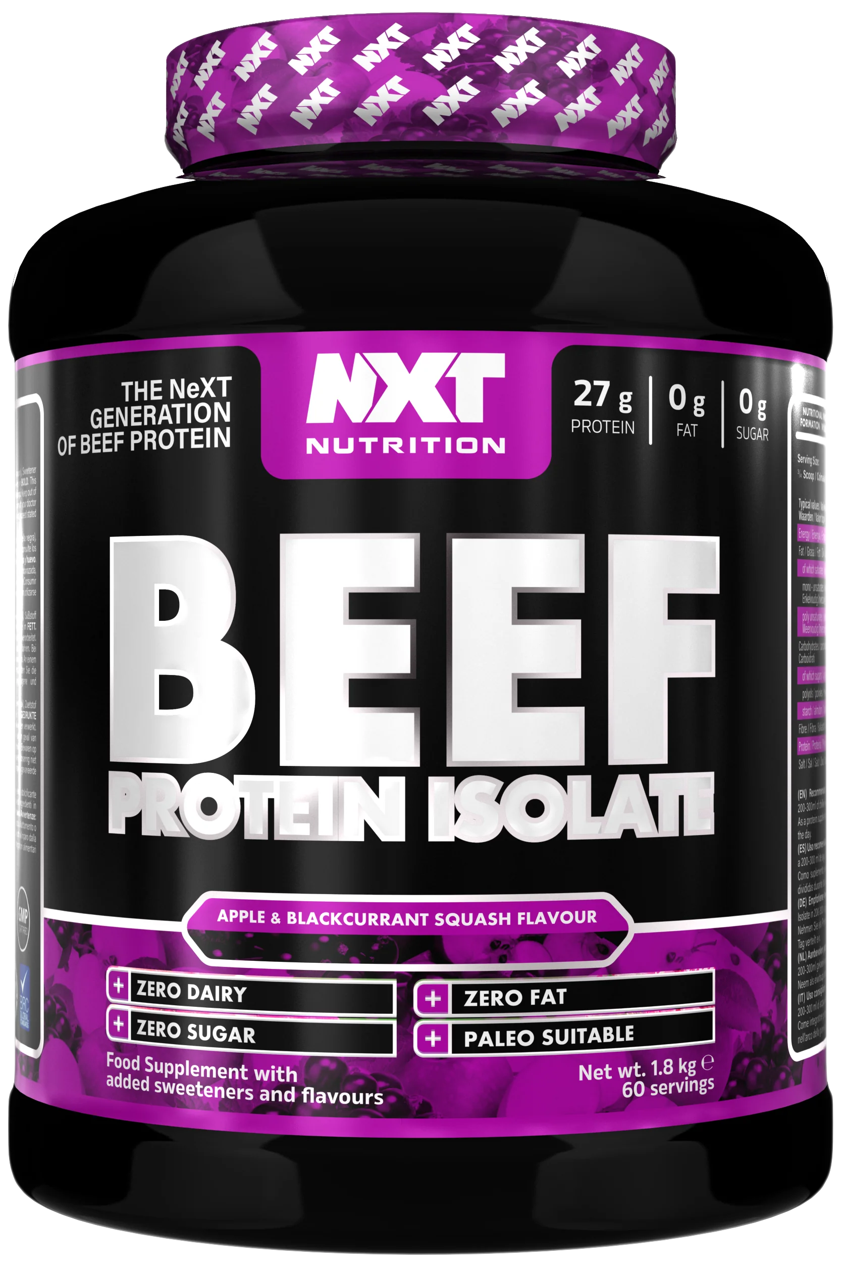 NXT Nutrition Beef Protein Isolate tub, Apple & Blackcurrant flavour, 1.8 kg