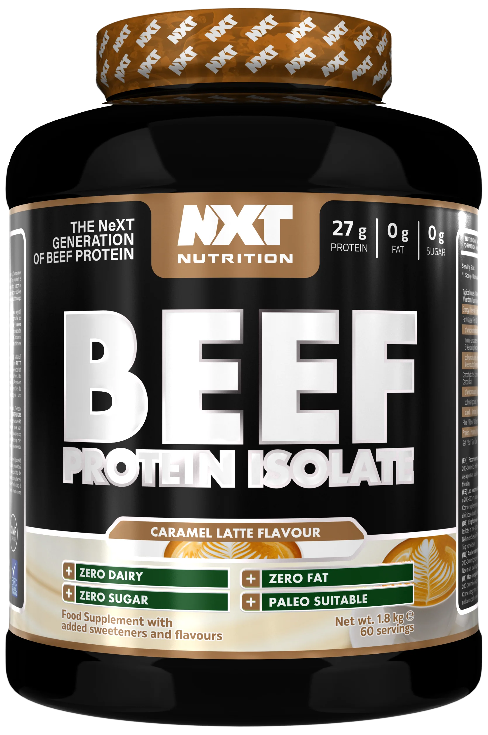 NXT Nutrition Beef Protein Isolate 1.8 kg, Caramel Latte flavour, supplement tub