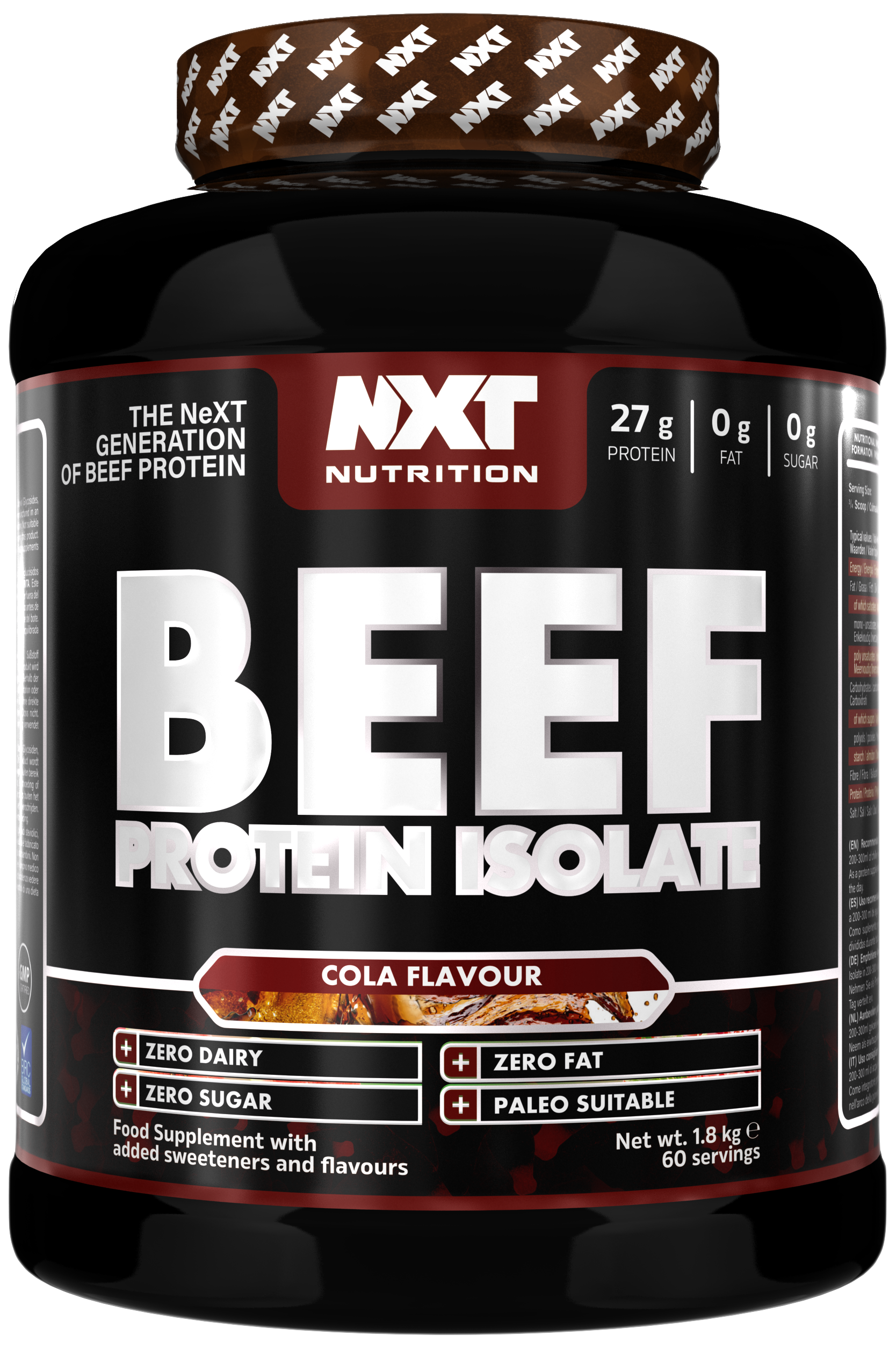 Beef Protein Isolate 1.8kg tub, Cola flavour; zero sugar, zero fat