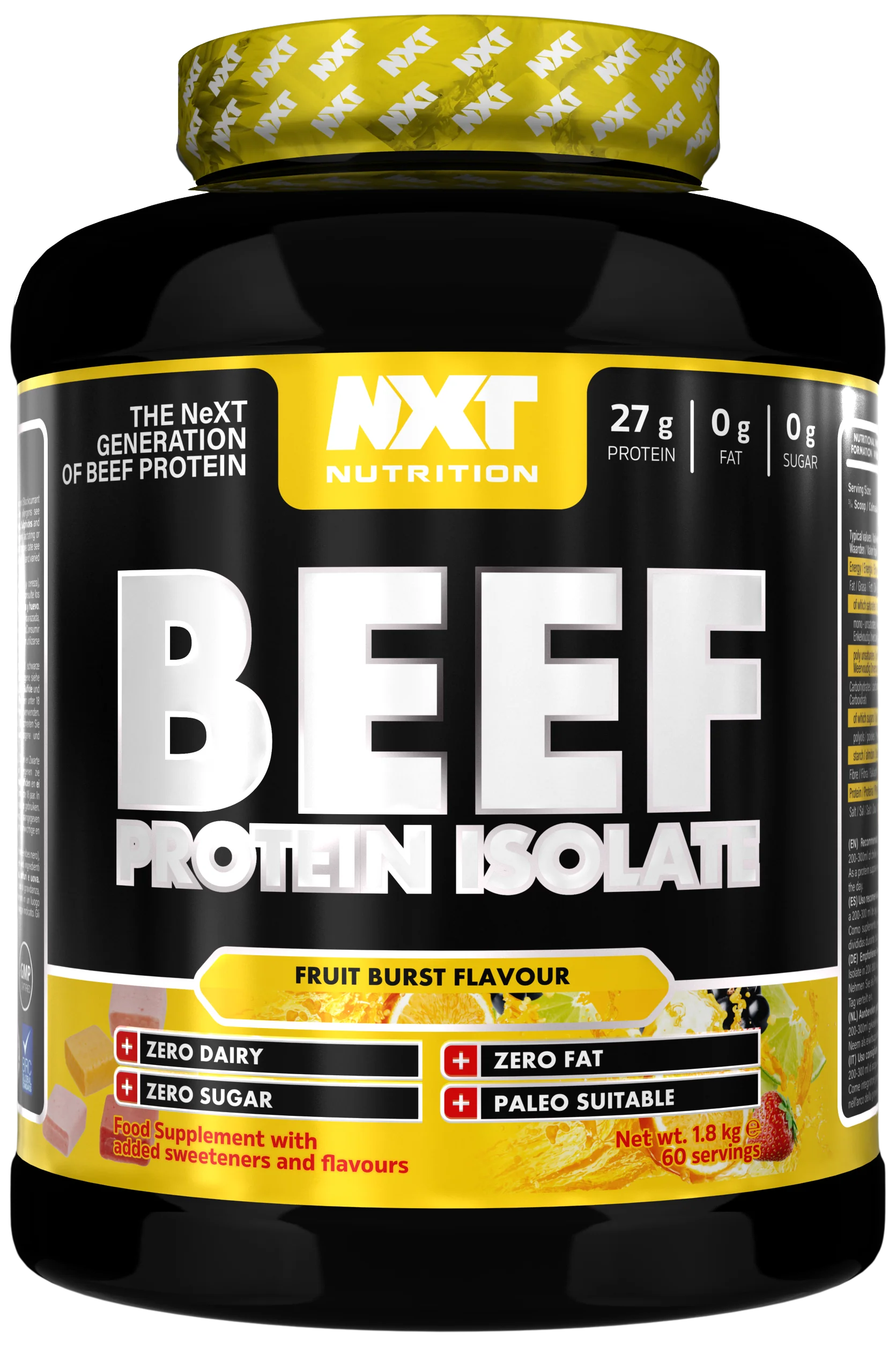 NXT Nutrition Beef Protein Isolate 1.8 kg „Fruit Burst“ Dose, gelb-schwarzes Etikett