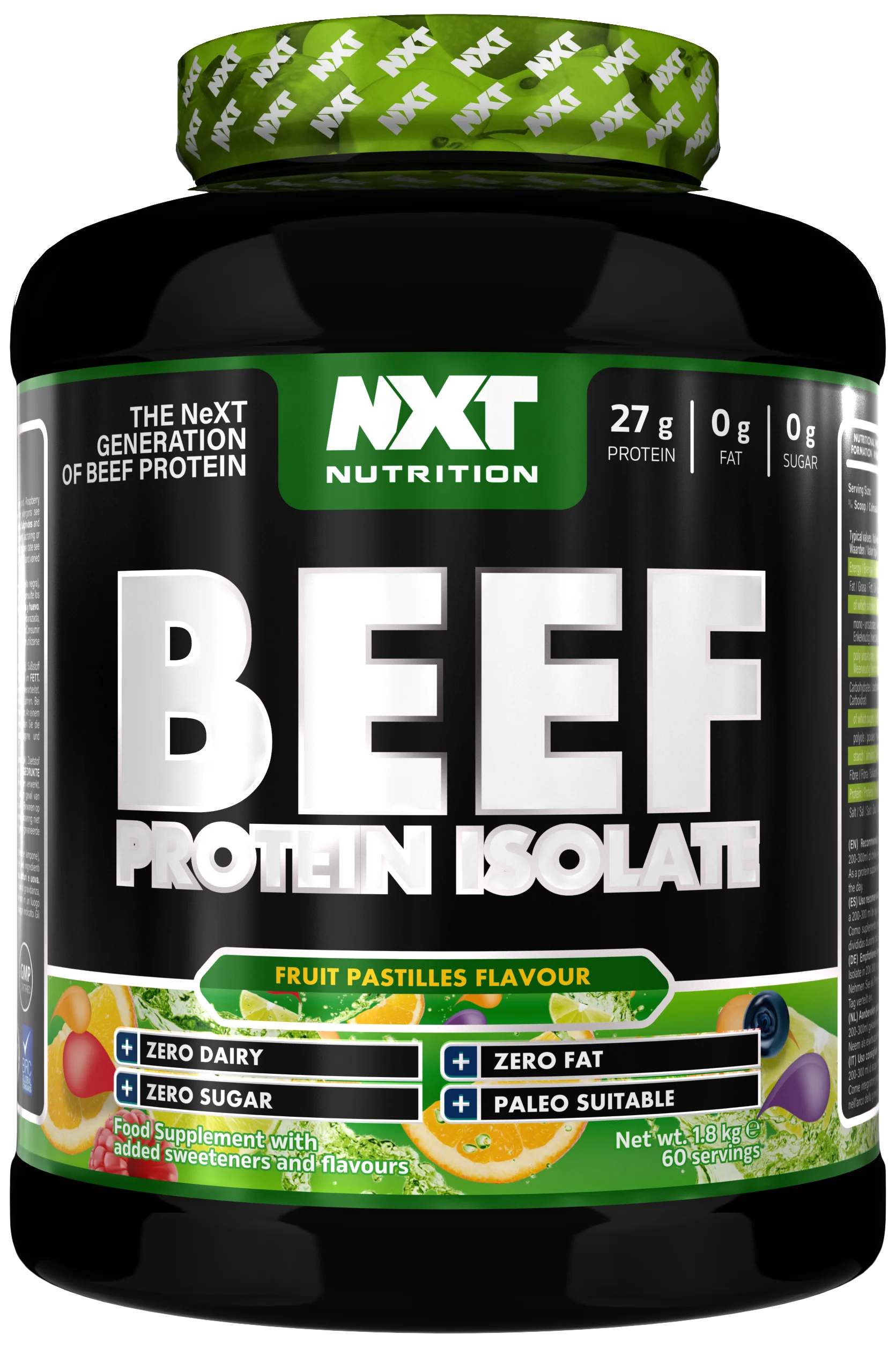 NXT Nutrition Beef Protein Isolate 1.8kg tub, Fruit Pastilles flavour label