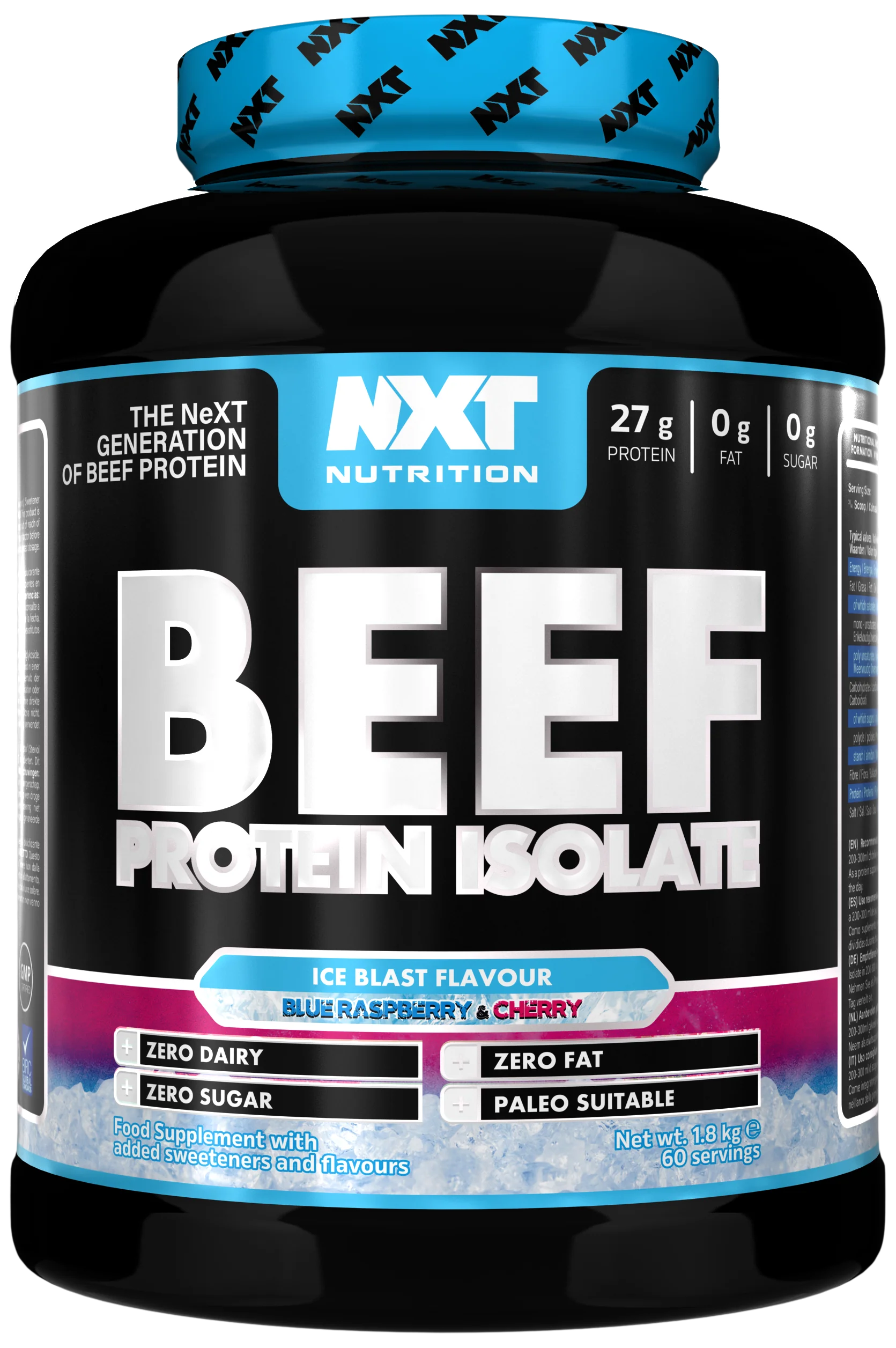 Beef Protein Isolate 1.8kg Ice Blast tub with blue label and nutrition facts