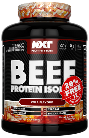 NXT Nutrition Beef Protein Isolate tub, Cola flavour, 20% free label, 2.16kg