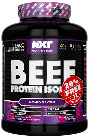 Beef Protein Isolate 2.16 kg tub, Mmmto flavor label, 20% free