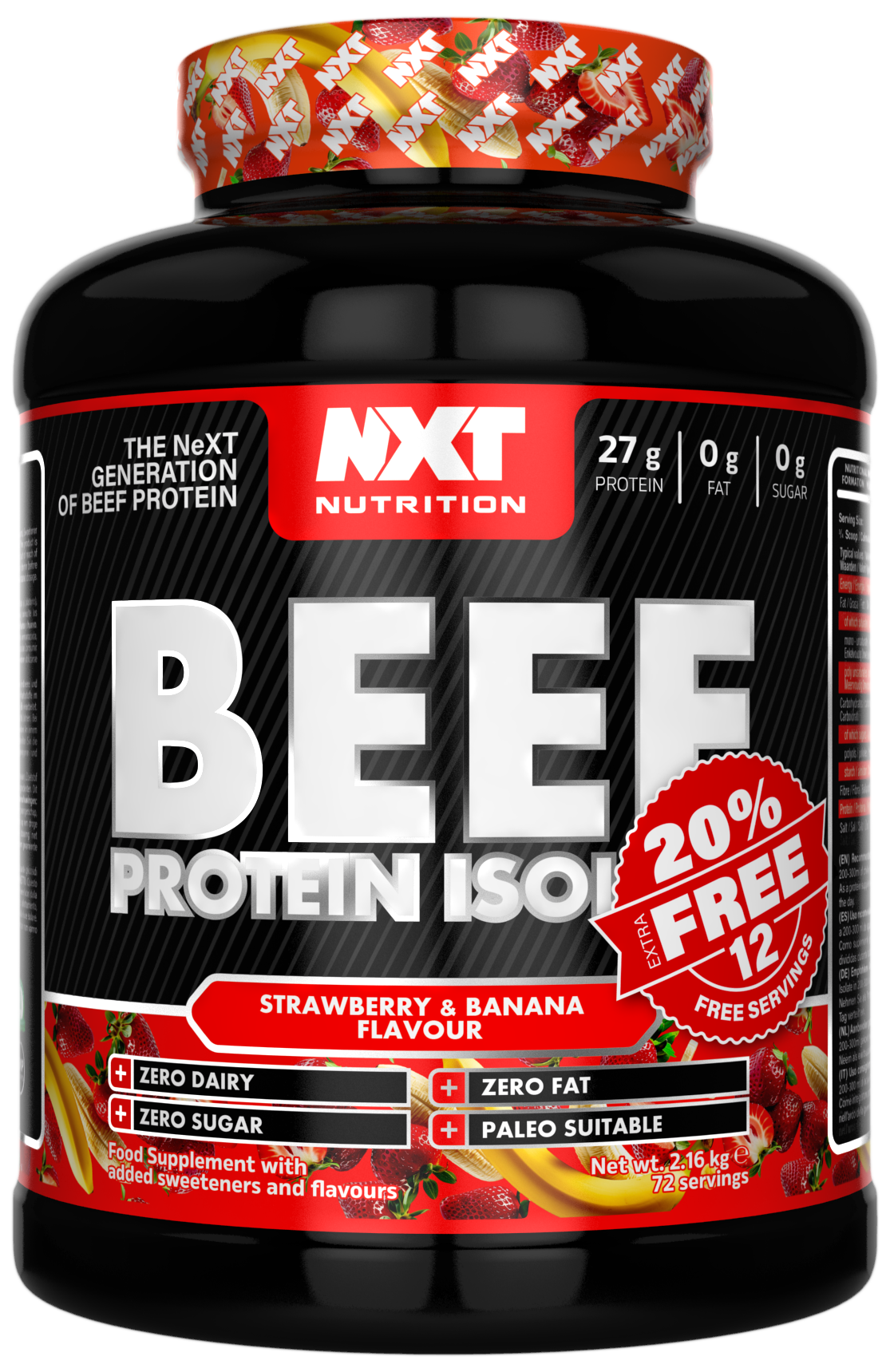 Beef Protein Isolate tub, Strawberry & Banana flavor, 2.16 kg