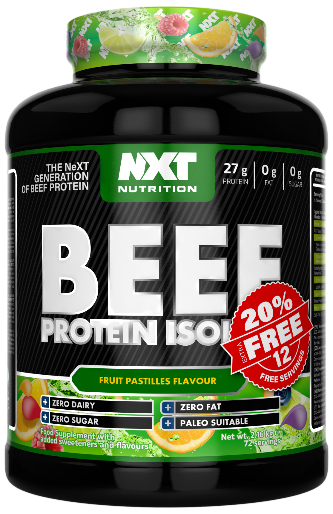 NXT Nutrition Beef Protein Isolate 2.16kg, Fruit Pastilles flavor bottle with 20% free label