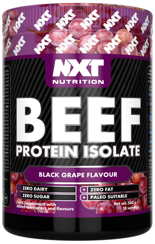Beef Protein Isolate tub, black grape flavor, 540 g, NXT Nutrition label