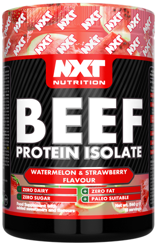 NXT Beef Protein Isolate 540g – Watermelon & Strawberry flavor tub label