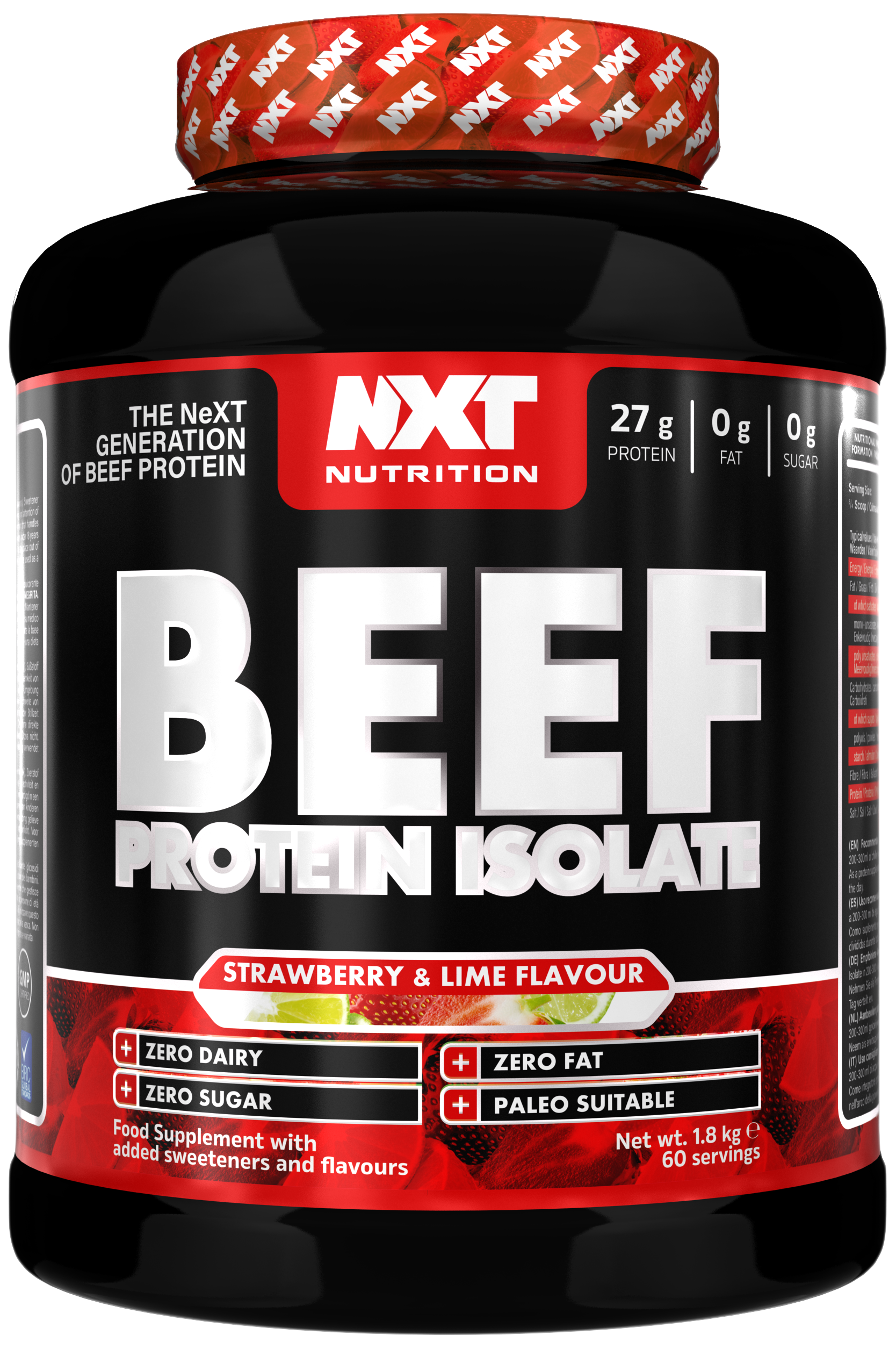 Beef Protein Isolate 1.8 kg tub, Strawberry & Lime flavor label