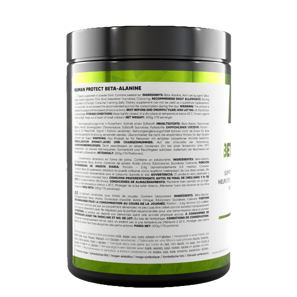 Beta-Alanine 300g jar, back label with ingredients and usage directions text
