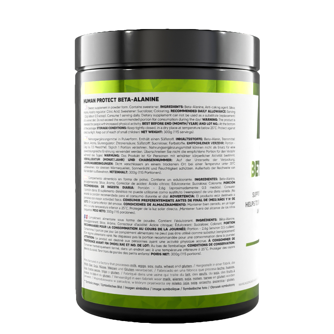 Beta-Alanine 300g jar, back label with ingredients and usage directions text