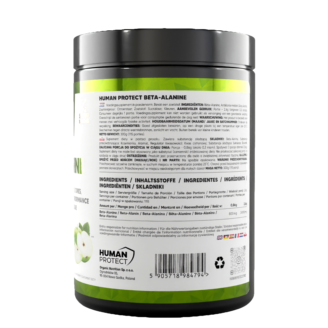Beta-Alanine 300g jar, back label with ingredients list and barcode