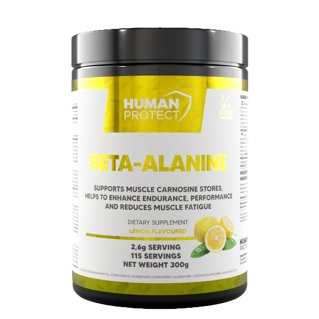 Beta-Alanine 300g Lemon dietary supplement tub, yellow label with serving info